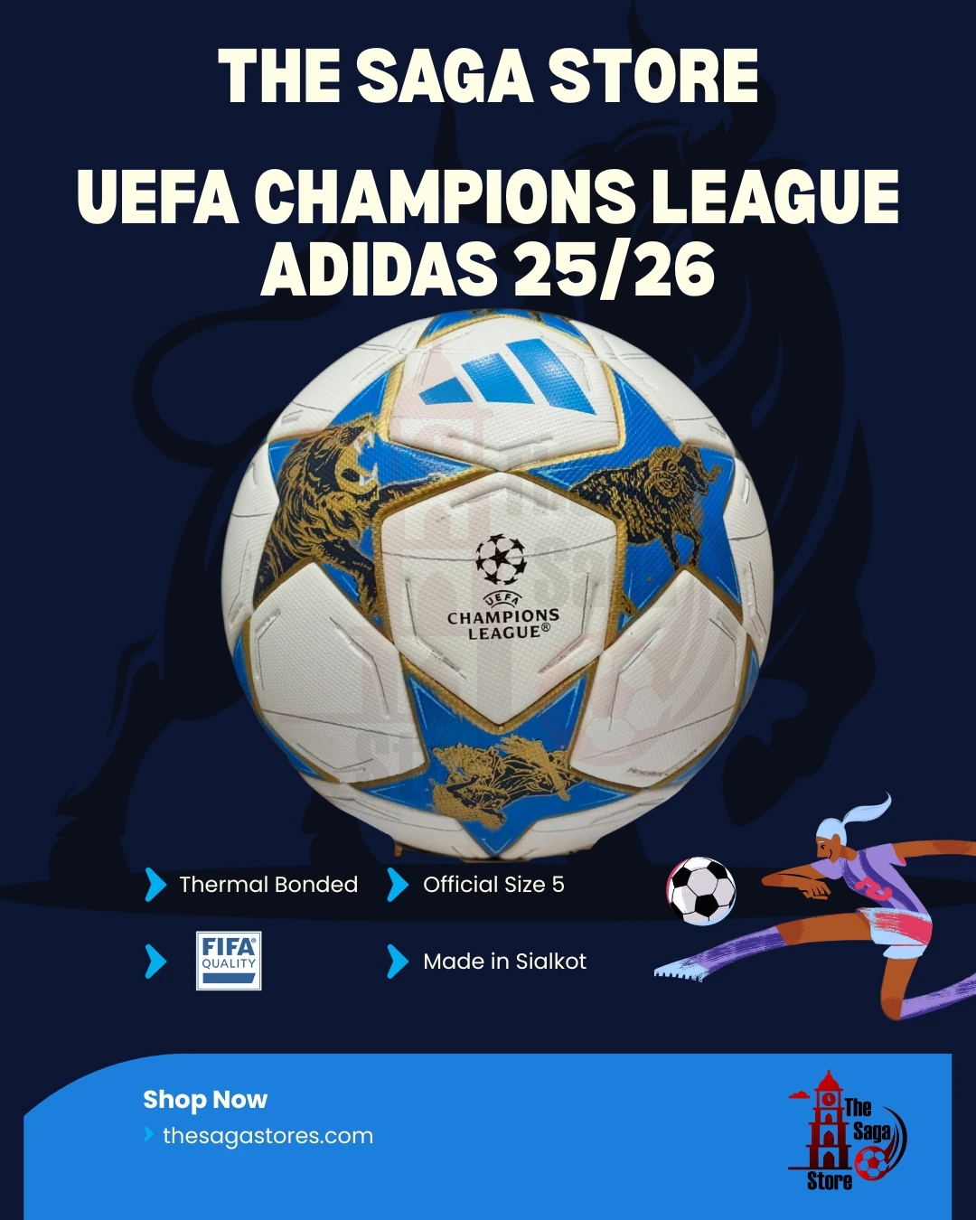 13-1-1.webp UEFA Champions League Ball 2025/26 Blue Bull, Thermal Bonded, Official Size 5 | Made in Sialkot - Image 1